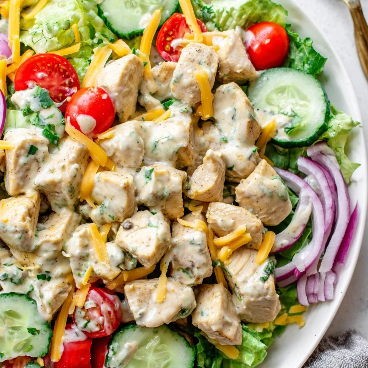 Jalapeño Ranch Chicken Salad in a white bowl, featuring tender grilled chicken, crisp romaine, cherry tomatoes, and a creamy jalapeño ranch dressing.