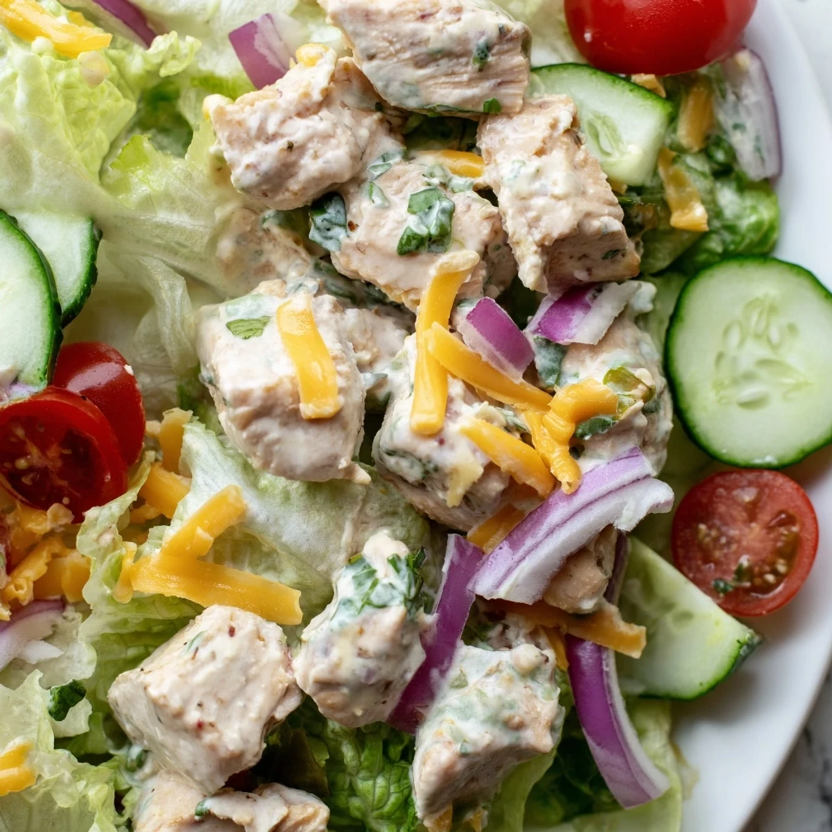 A close-up of Jalapeño Ranch Chicken Salad, highlighting juicy chicken, vibrant red onions, and a sprinkle of crispy tortilla strips for crunch.
