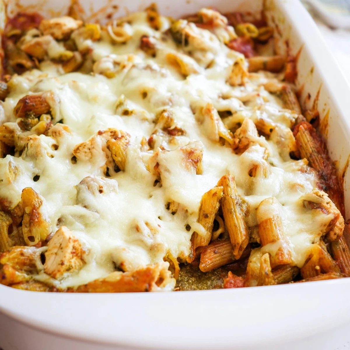 Golden Pesto Chicken Pasta bake in a white dish, topped with melted mozzarella and fresh basil garnish.  