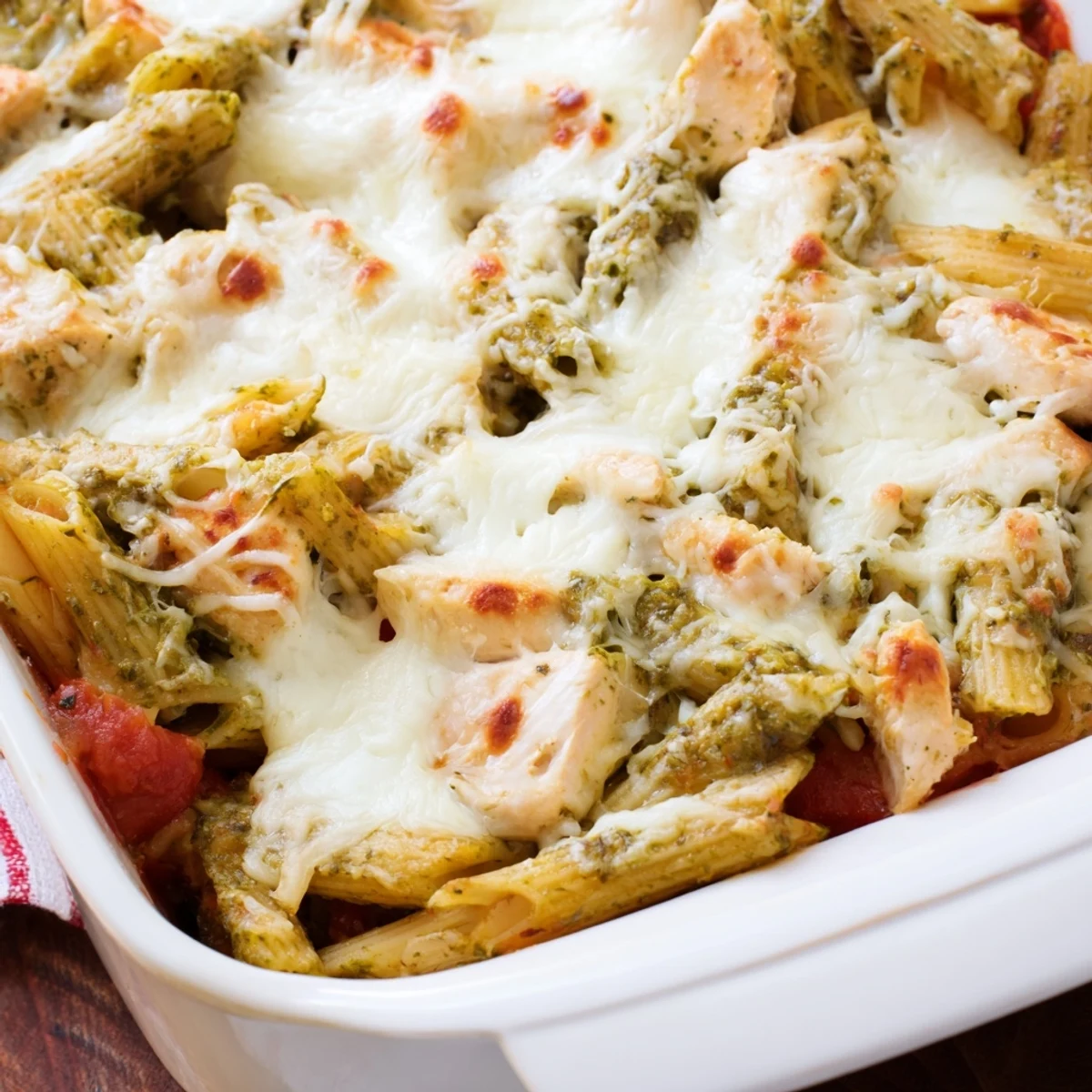The baked Pesto Chicken Pasta bake in a white dish, featuring golden melted mozzarella and a hint of green basil pesto.  
