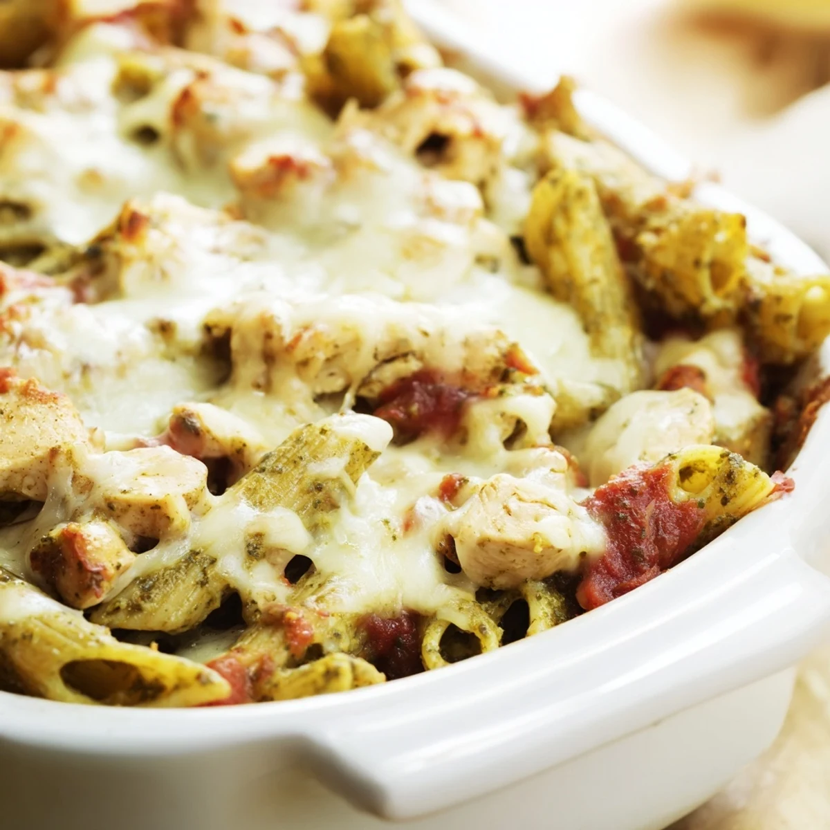 Close-up of a serving of Pesto Chicken Pasta bake with tender chicken and penne coated in rich pesto sauce.