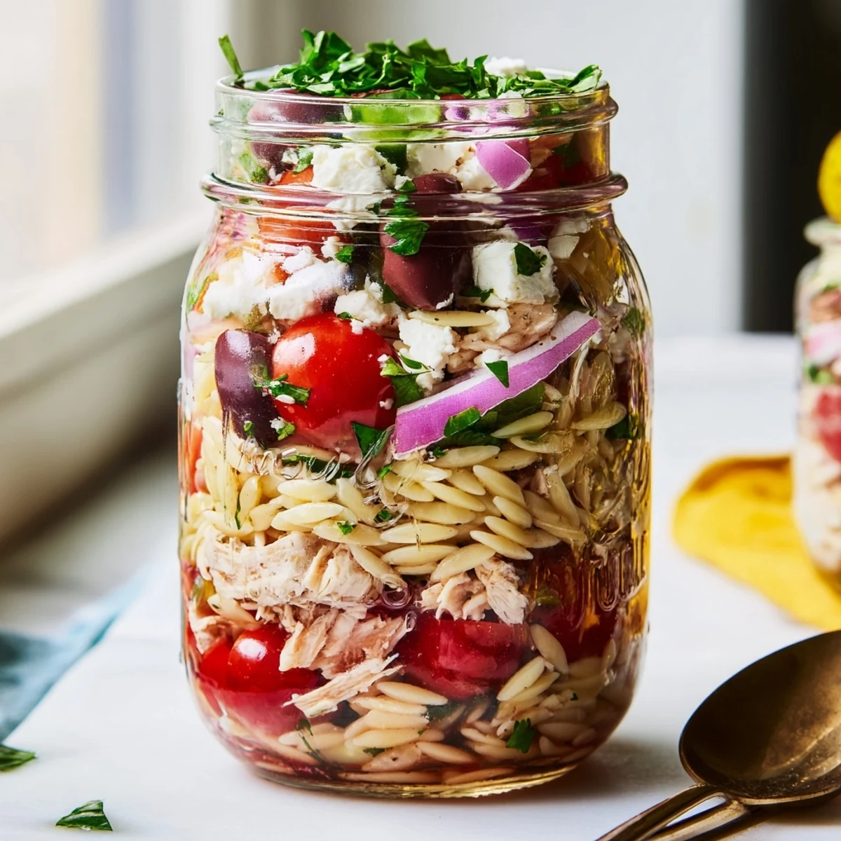 Clear glass mason jars display vibrant layers of Greek pasta chicken salad, featuring orzo, diced chicken, cherry tomatoes, cucumber, and feta cheese.
