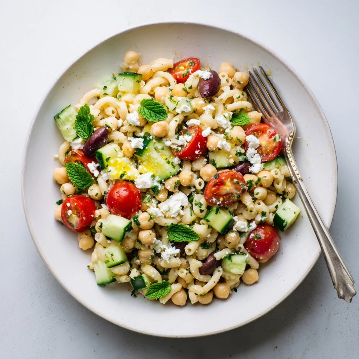 Bright and zesty Lemon Herb Chickpea Pasta Salad with crisp cucumbers and cherry tomatoes tossed in a homemade lemon dressing.