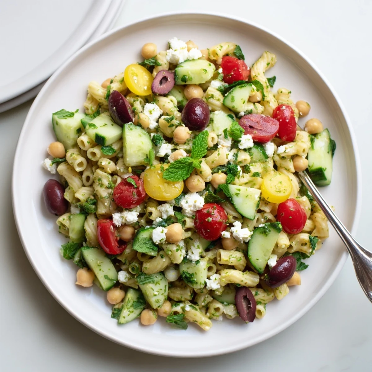 A refreshing bowl of Lemon Herb Chickpea Pasta Salad, garnished with fresh dill, parsley, and mint for a Mediterranean-inspired lunch.