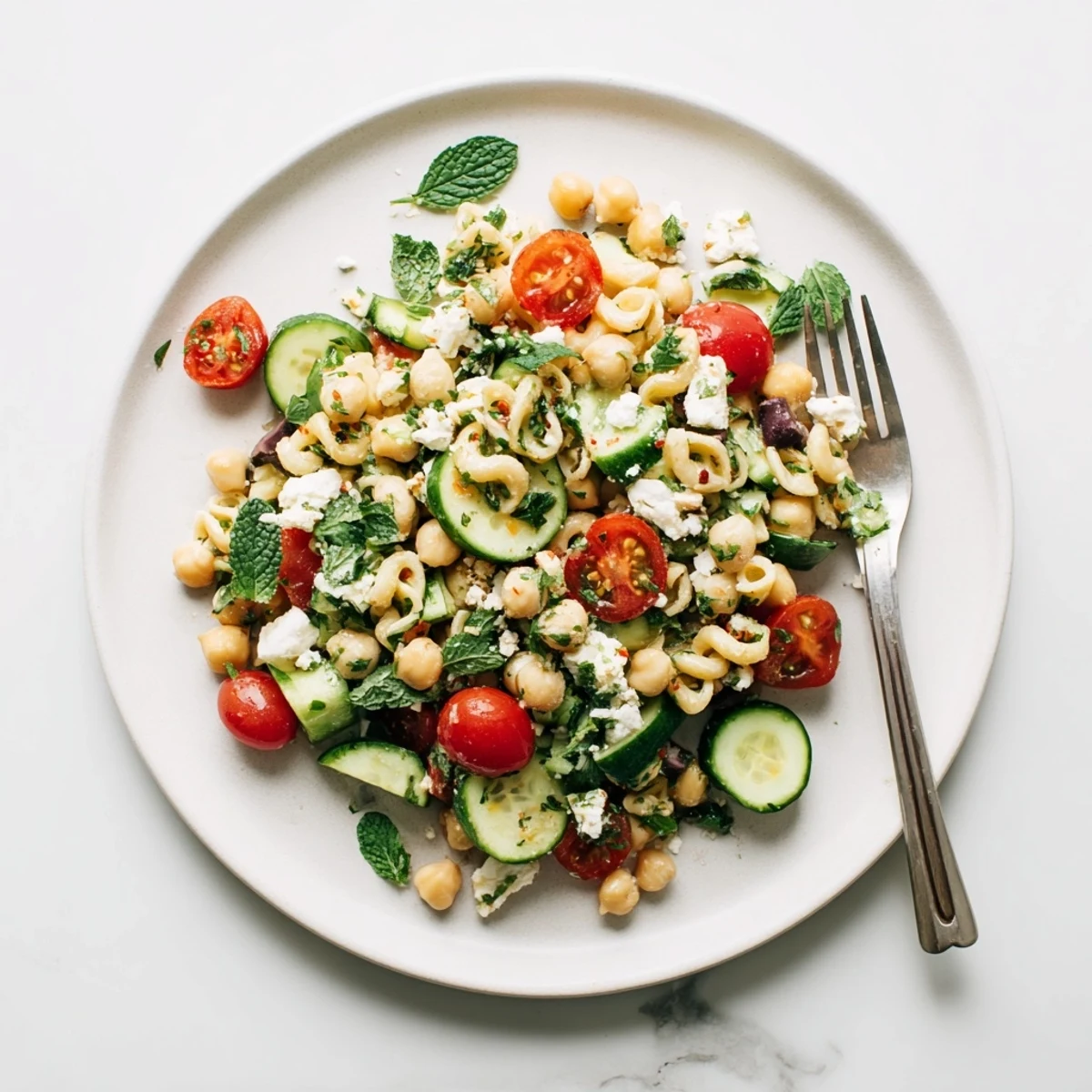 Close-up photo of Lemon Herb Chickpea Pasta Salad, featuring vibrant vegetables and chickpea pasta ready for a summer picnic or light meal.