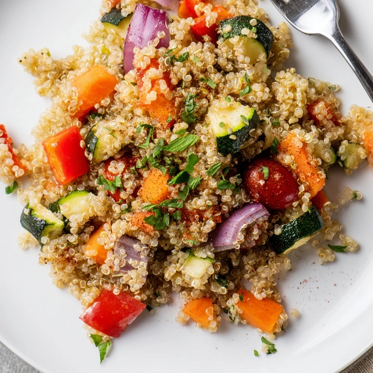 Golden roasted vegetables like zucchini, carrots, and cherry tomatoes nestle into fluffy quinoa in this vibrant Quinoa Vegetable Pilaf, finished with fresh herbs and lemon.