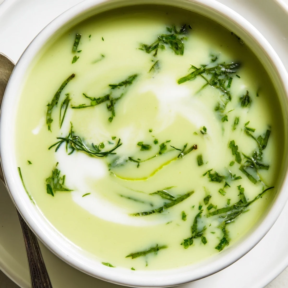 A bowl of golden Parsnip and Herb Soup garnished with fresh herbs and a swirl of cream, paired with crusty bread.