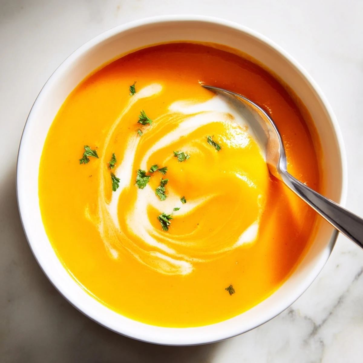 A bowl of vibrant orange carrot ginger soup garnished with fresh cilantro and a swirl of coconut cream.