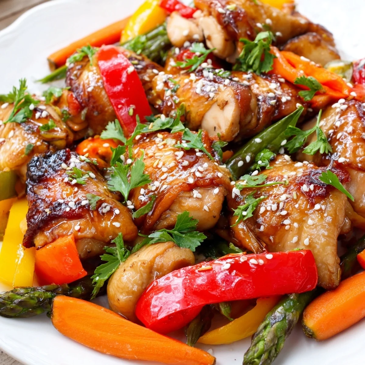 Roasted bite-sized chicken, bell peppers, asparagus, and carrots sit next to a bowl of fluffy white rice.