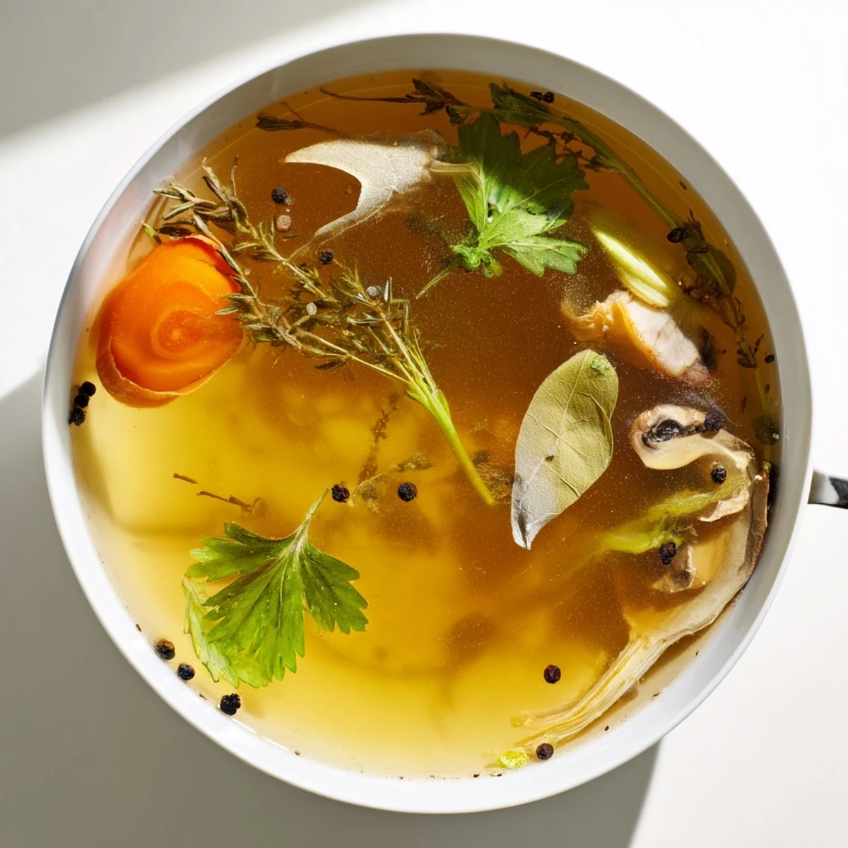 A ladle pours golden Vegetable Broth From Scraps into a bowl, garnished with parsley, ready for a comforting soup.