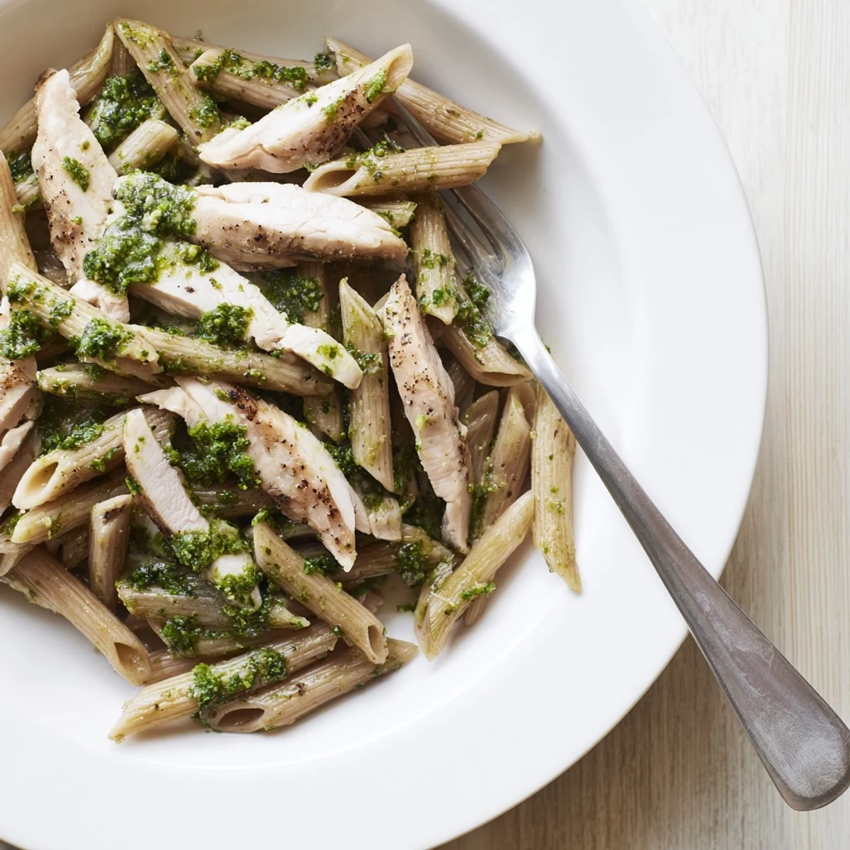 Perfectly grilled Chimichurri Chicken Pasta is tossed in a vibrant herby green sauce and served hot for a zesty, dairy-free meal.  