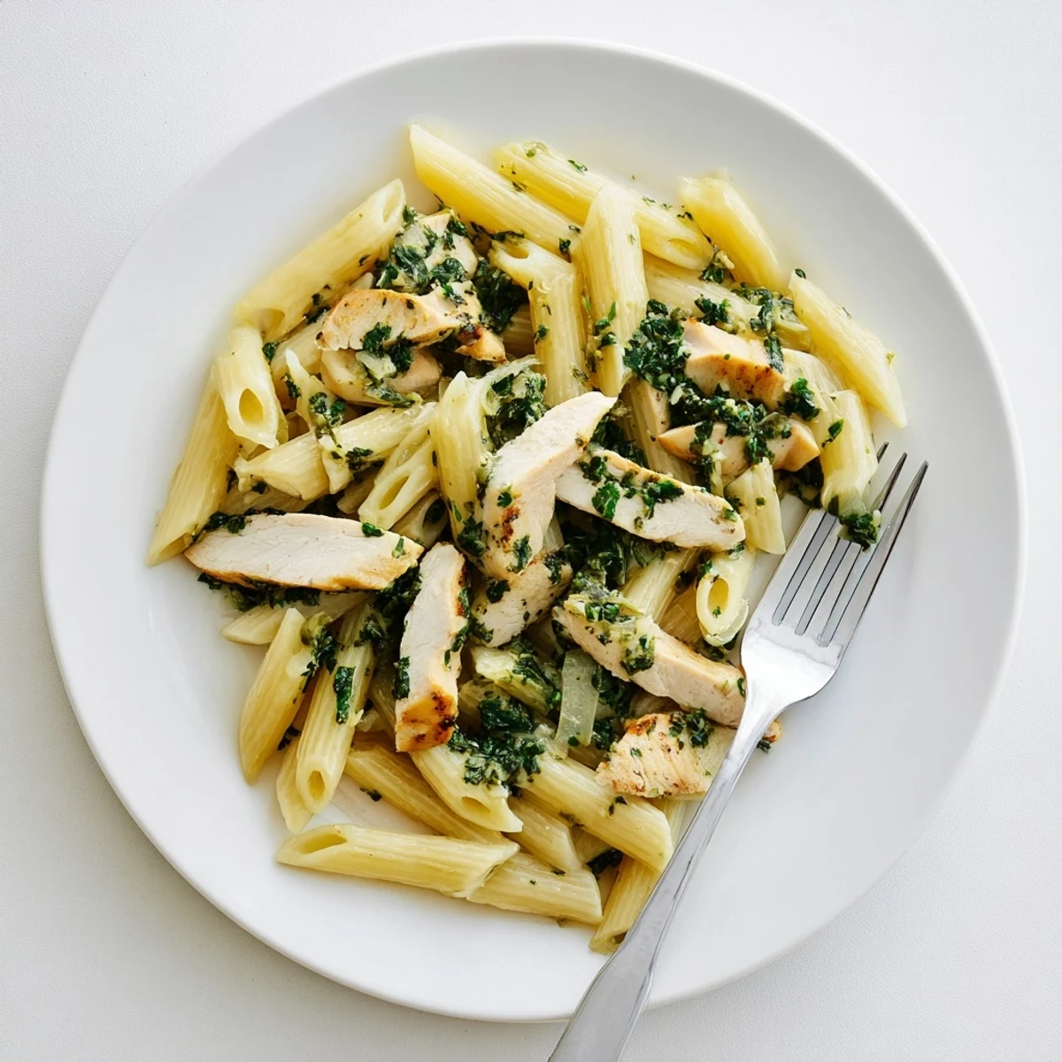 Succulent grilled chicken pieces rest atop al dente penne pasta, generously drizzled with a bright, garlicky chimichurri sauce.  
