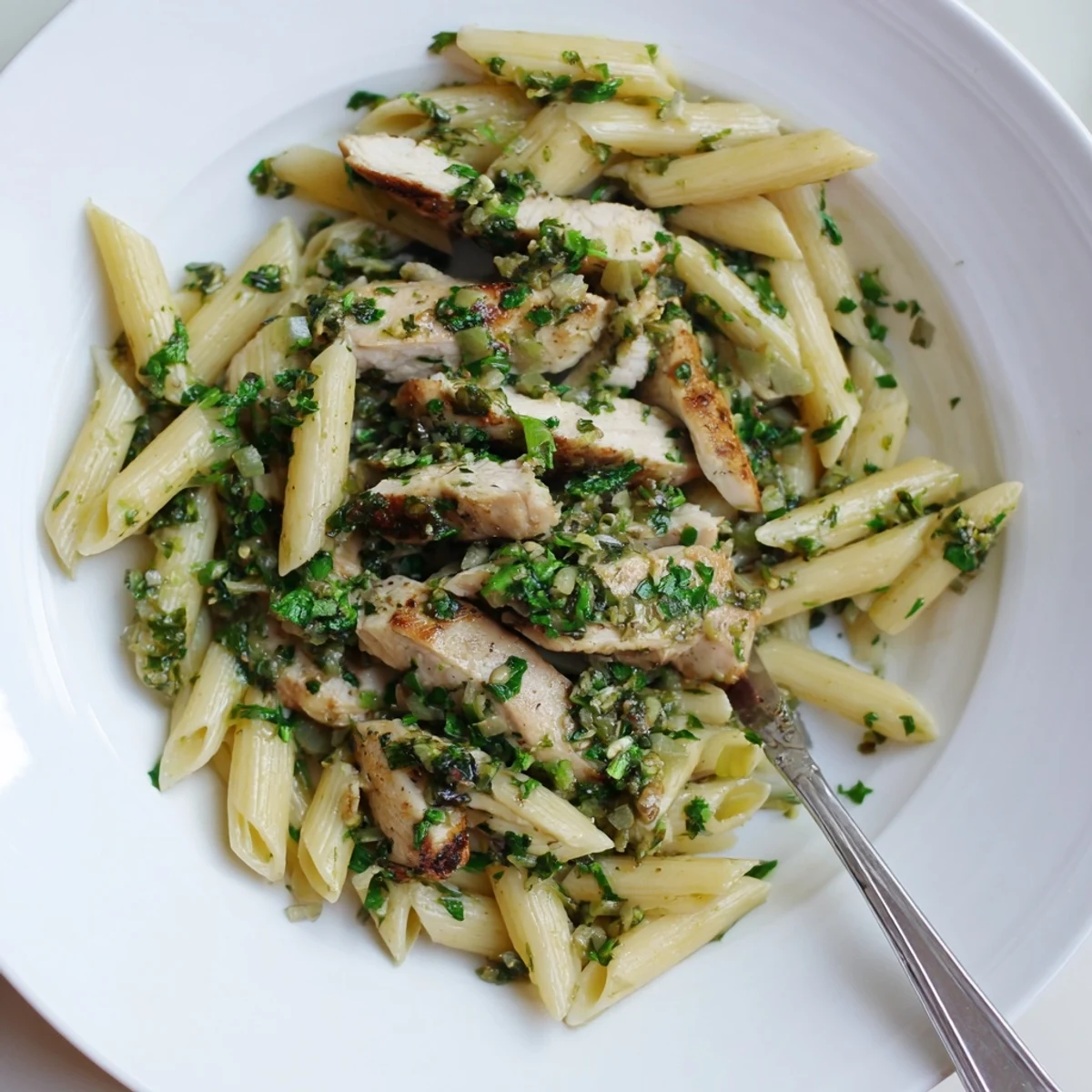 This easy Chimichurri Chicken Pasta features tender meat, olive oil, and fresh parsley, making a colorful and flavorful weeknight dinner.