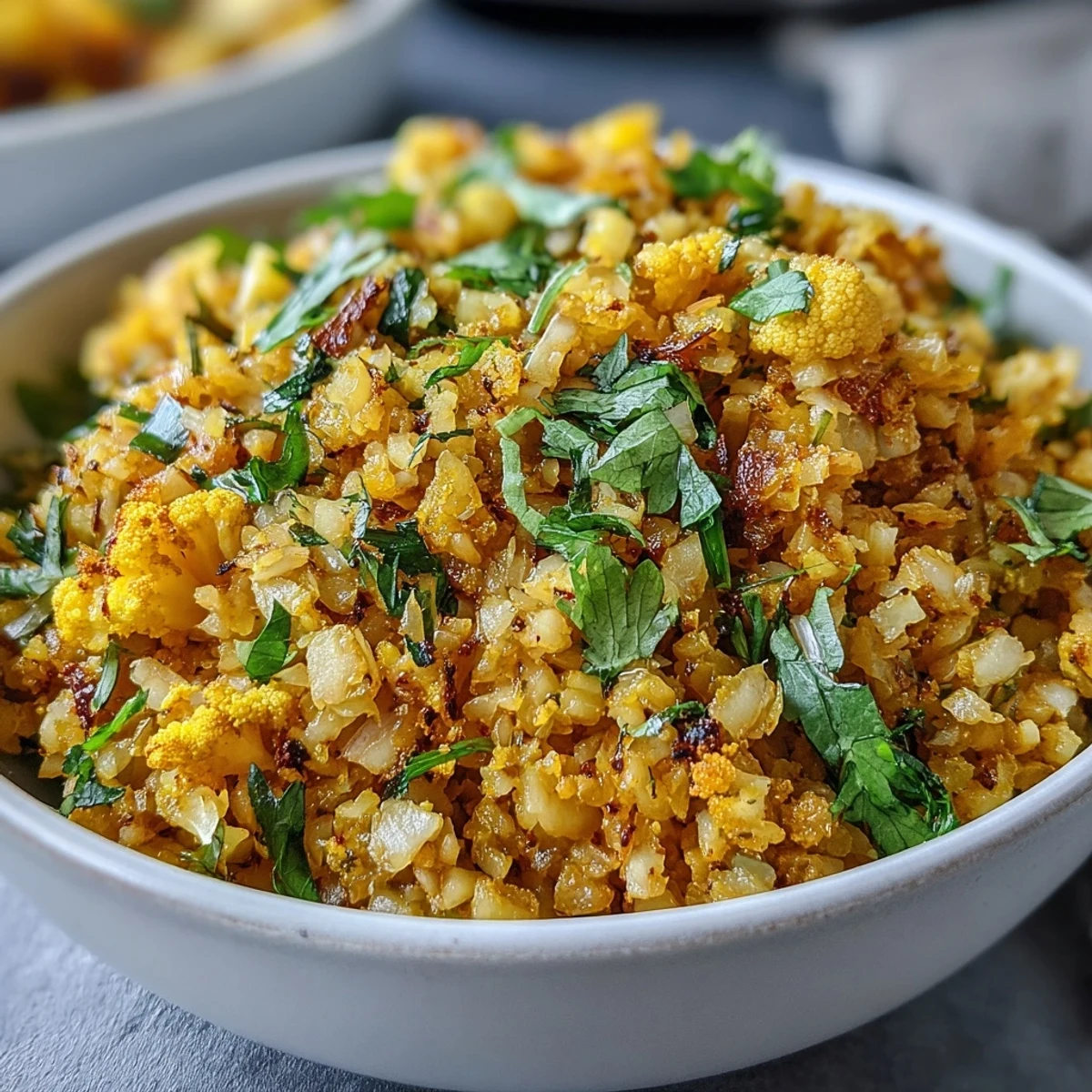 Golden turmeric cauliflower rice, a vibrant and healthy side dish ready in minutes.