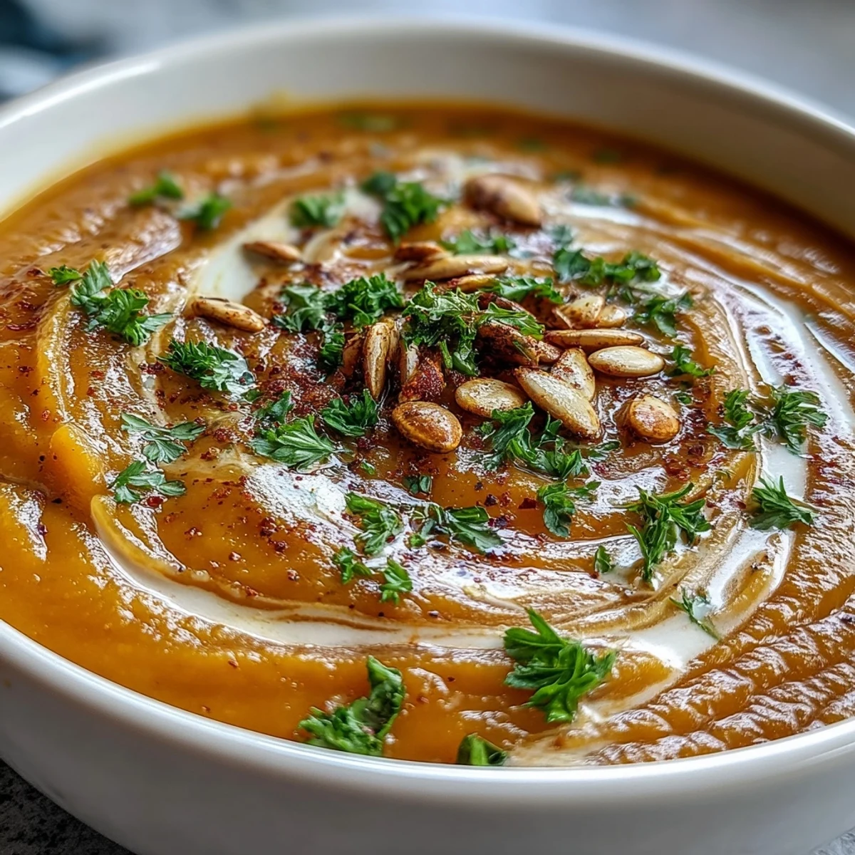 Smooth, comforting butternut squash and apple soup, a delicious vegetarian fall meal.