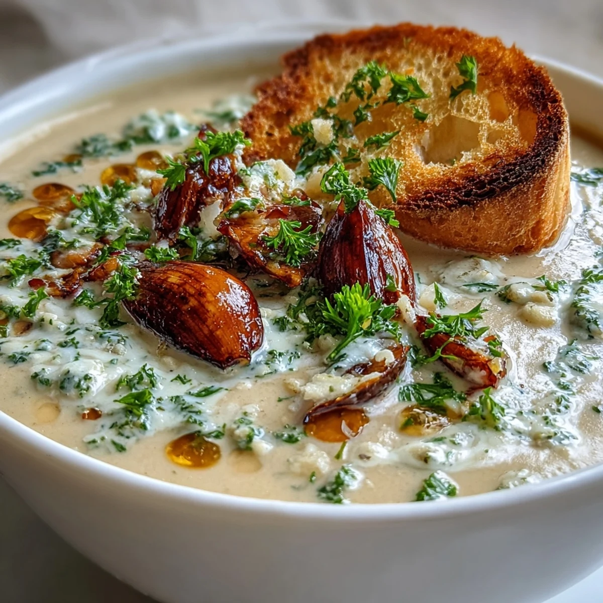 Velvety roasted garlic soup, creamy and comforting, served family-style in a bowl.