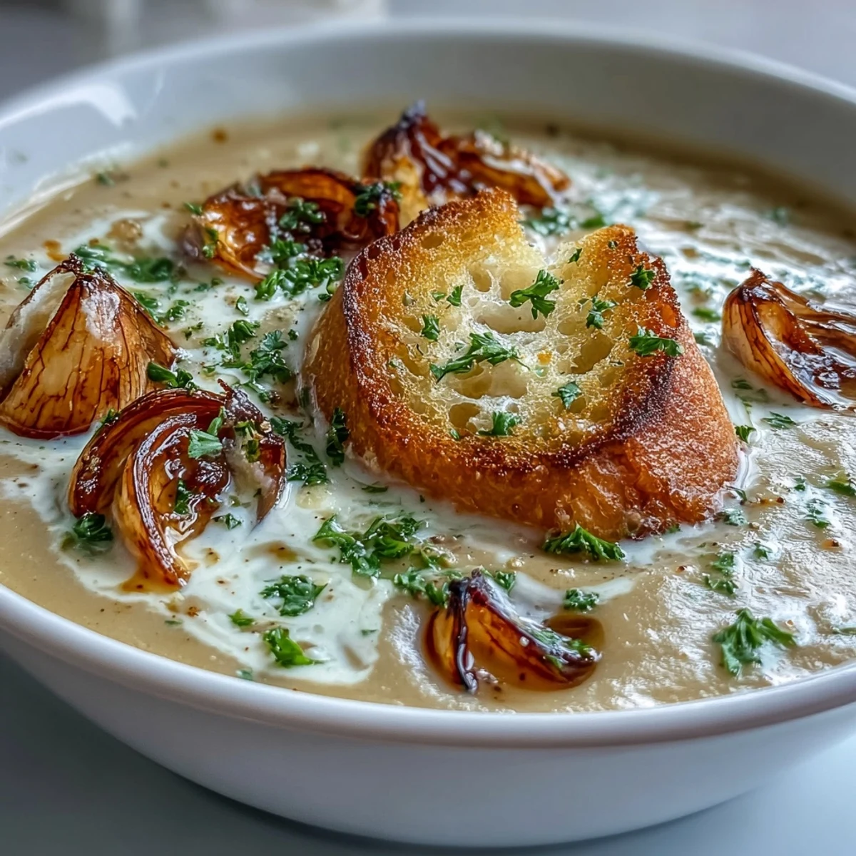 Deeply flavored roasted garlic soup, garnished with parsley and crusty bread.