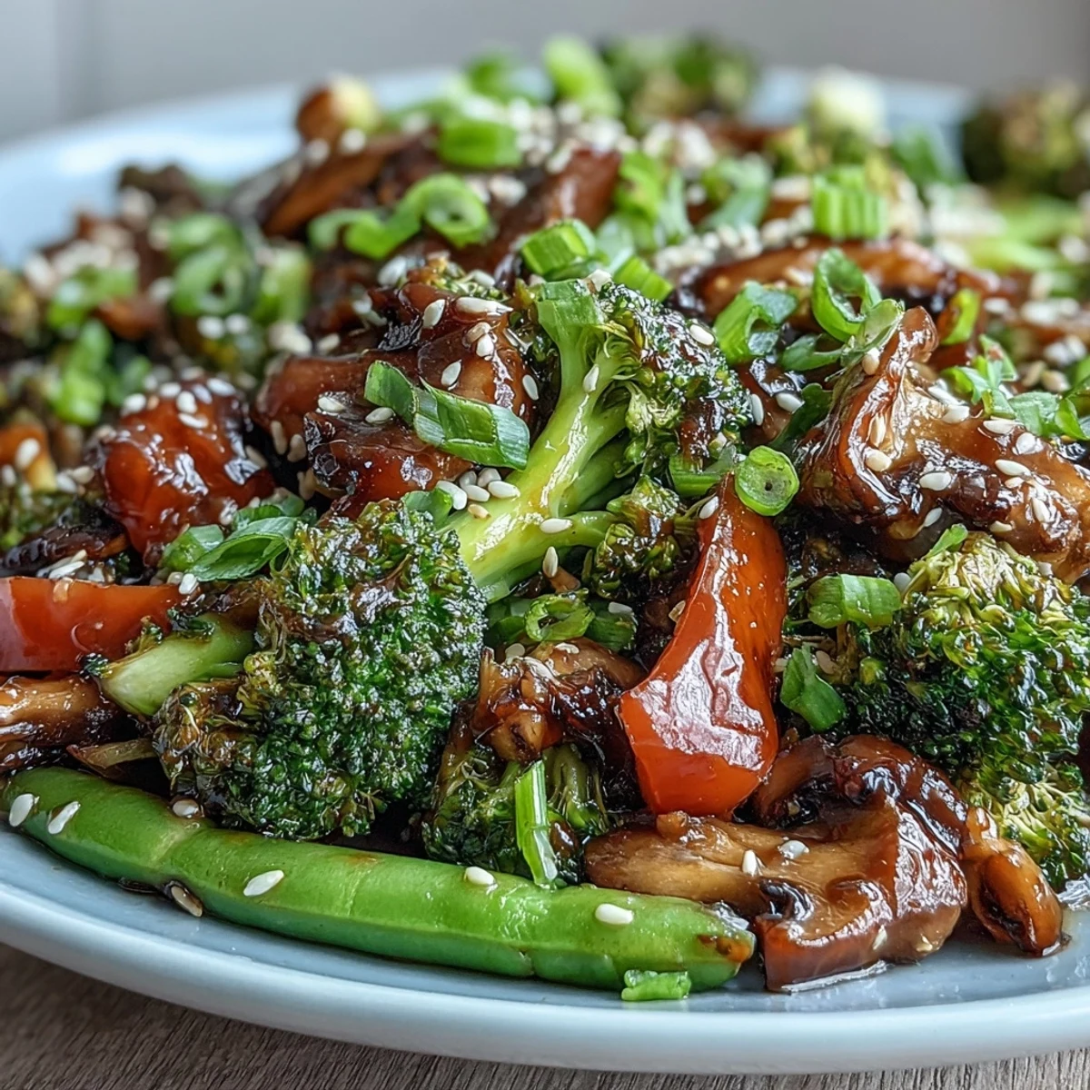 Crisp broccoli, carrots, and snap peas are tossed in a fragrant ginger stir-fried vegetables sauce, finished with toasted sesame seeds.  