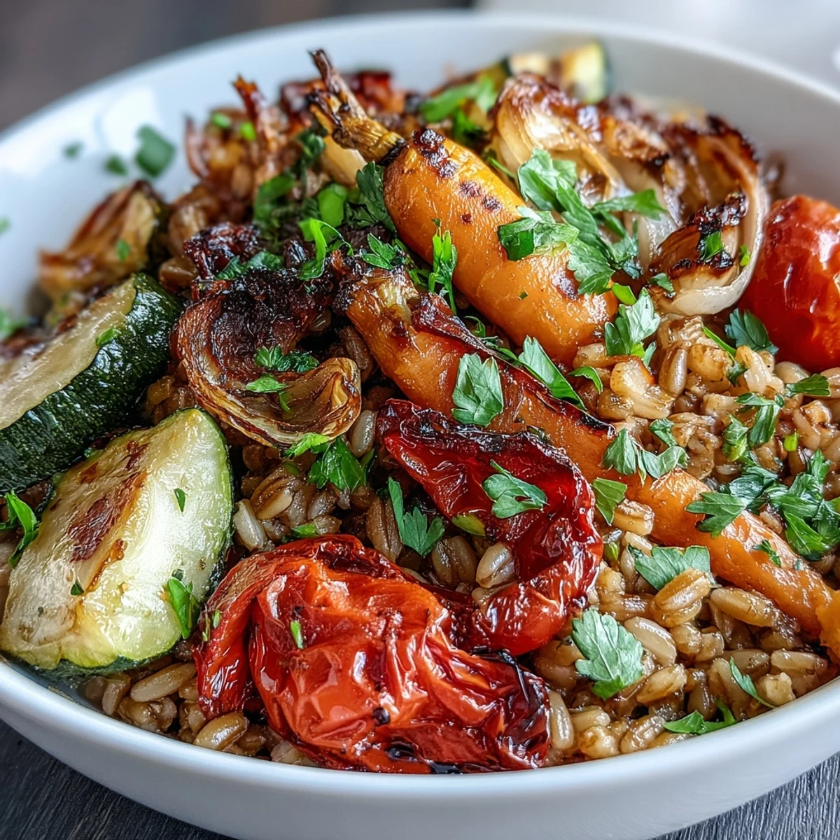 A close-up of Farro With Roasted Vegetables, featuring caramelized red bell peppers, zucchini, and cherry tomatoes on a rustic wooden table.  