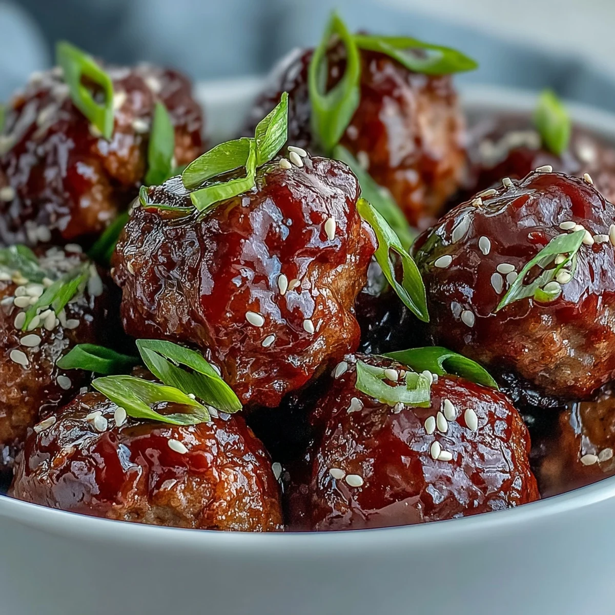 A bowl of tender Easy Sweet and Sour Crock Pot Meatballs with rich sauce and sliced green onions on top.