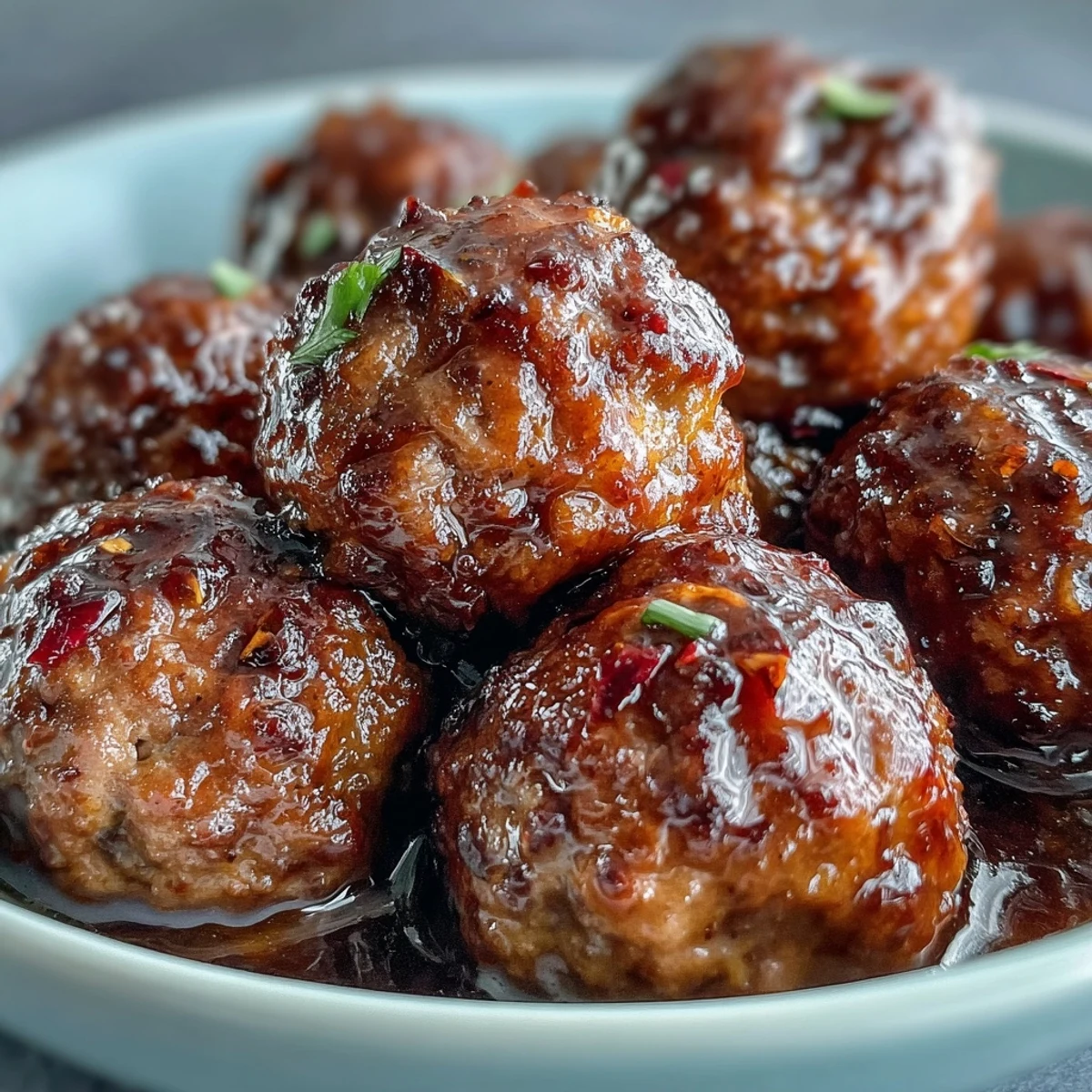 Tender Slow Cooker Peach Glazed Meatballs served on a platter with fresh parsley and cocktail toothpicks for appetizers.