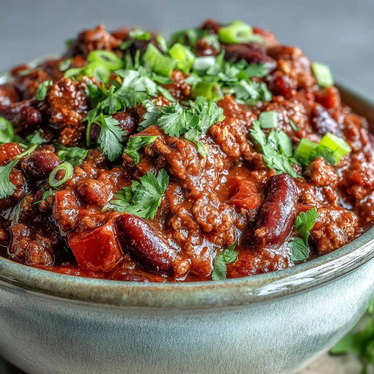 Steaming Slow Cooker Chili with ground beef, beans, and tomatoes in a black bowl, topped with cheese and cilantro.
