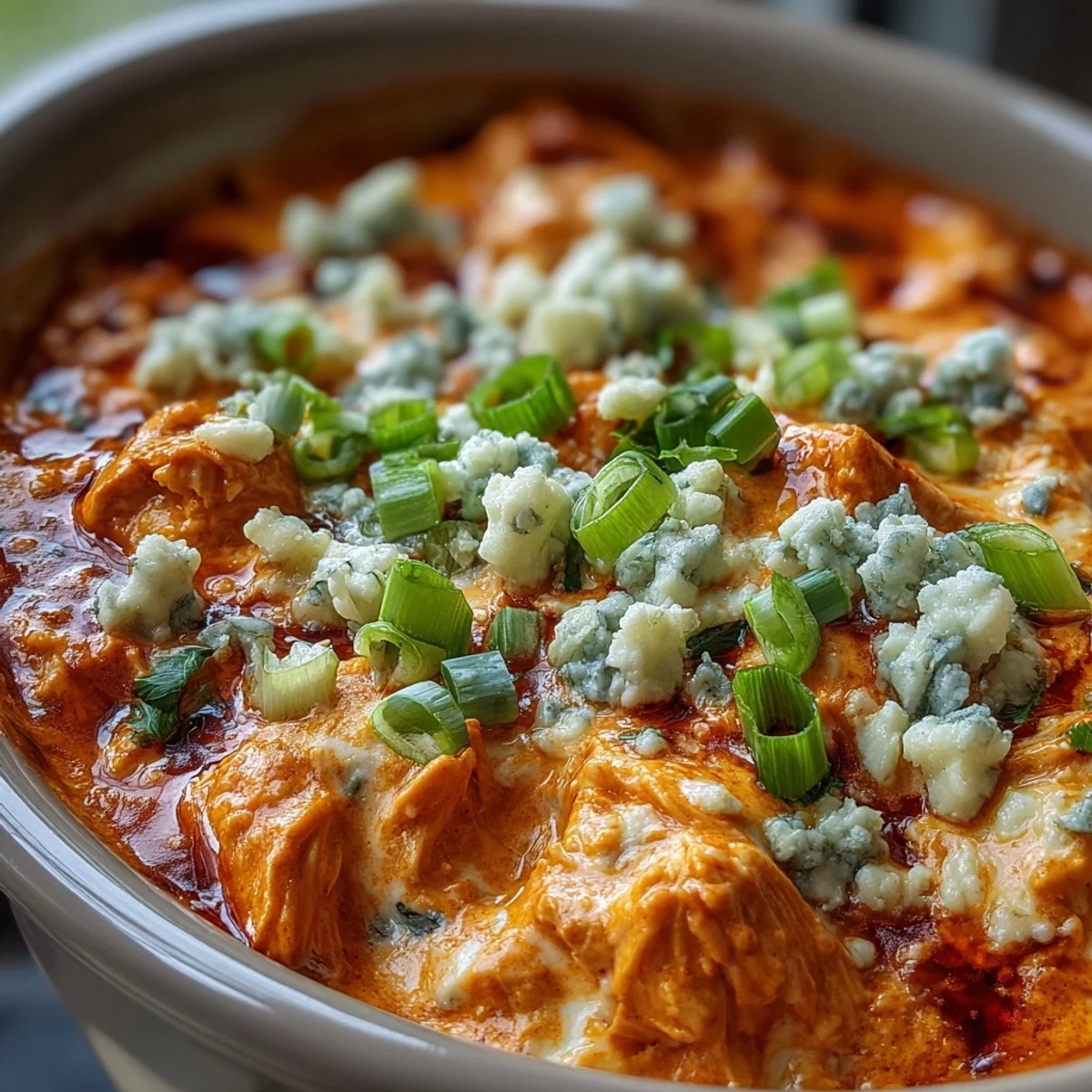 Steaming Crock Pot Buffalo Chicken Dip Soup is ladled into a rustic bowl, topped with melted cheddar, green onions, and blue cheese.
