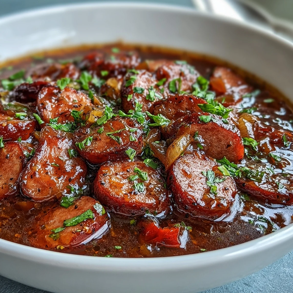 Thick and smoky Crock Pot BBQ Cocktail Sausage Soup steams in a white bowl, garnished with fresh parsley and served alongside crusty bread. 