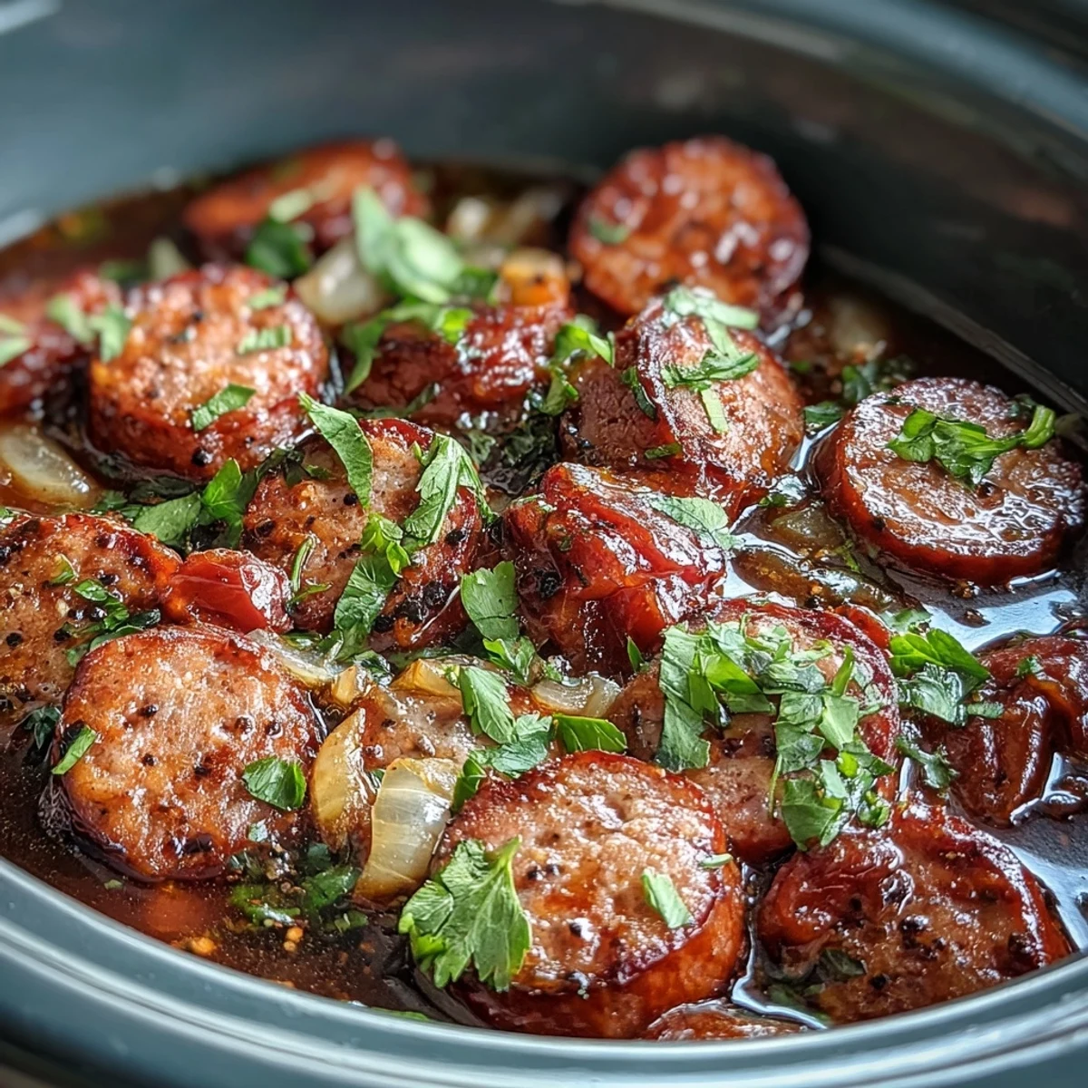 A ceramic spoon lifts a serving of Crock Pot BBQ Cocktail Sausage Soup, revealing bits of red bell pepper and onion in the rich liquid.