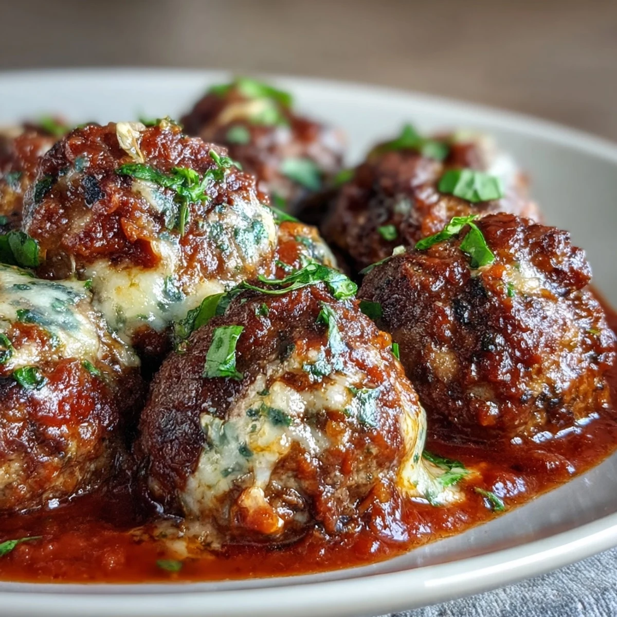 Close-up of Cheesy, Garlicky Meatballs With Marinara, bubbling in a rustic skillet topped with fresh basil.