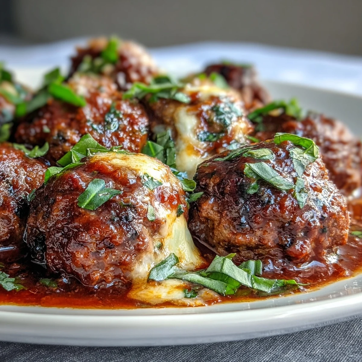 Cheesy, Garlicky Meatballs With Marinara served over gluten-free pasta, ready for a family-style Italian dinner.