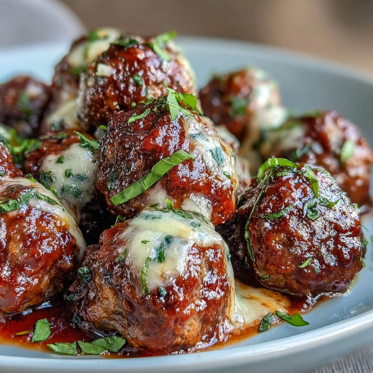 Spoon lifting a cheesy meatball from a rich red sauce, showcasing Cheesy, Garlicky Meatballs With Marinara.