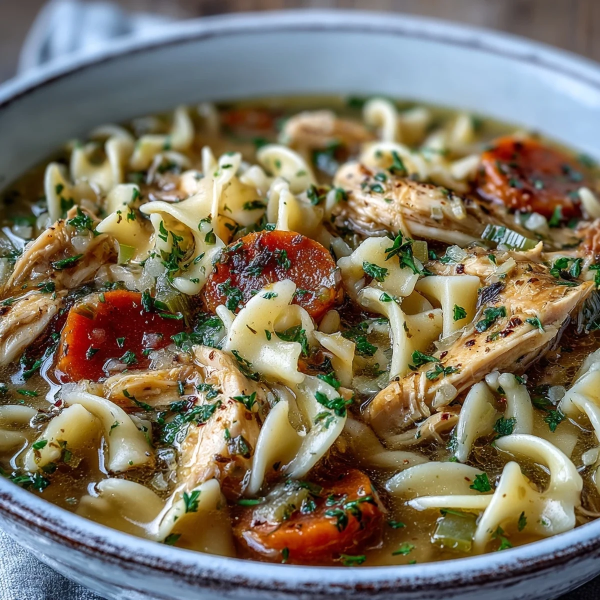 Freshly cooked egg noodles and tender shredded chicken swim in a steaming bowl of Instant Pot Chicken Noodle Soup.