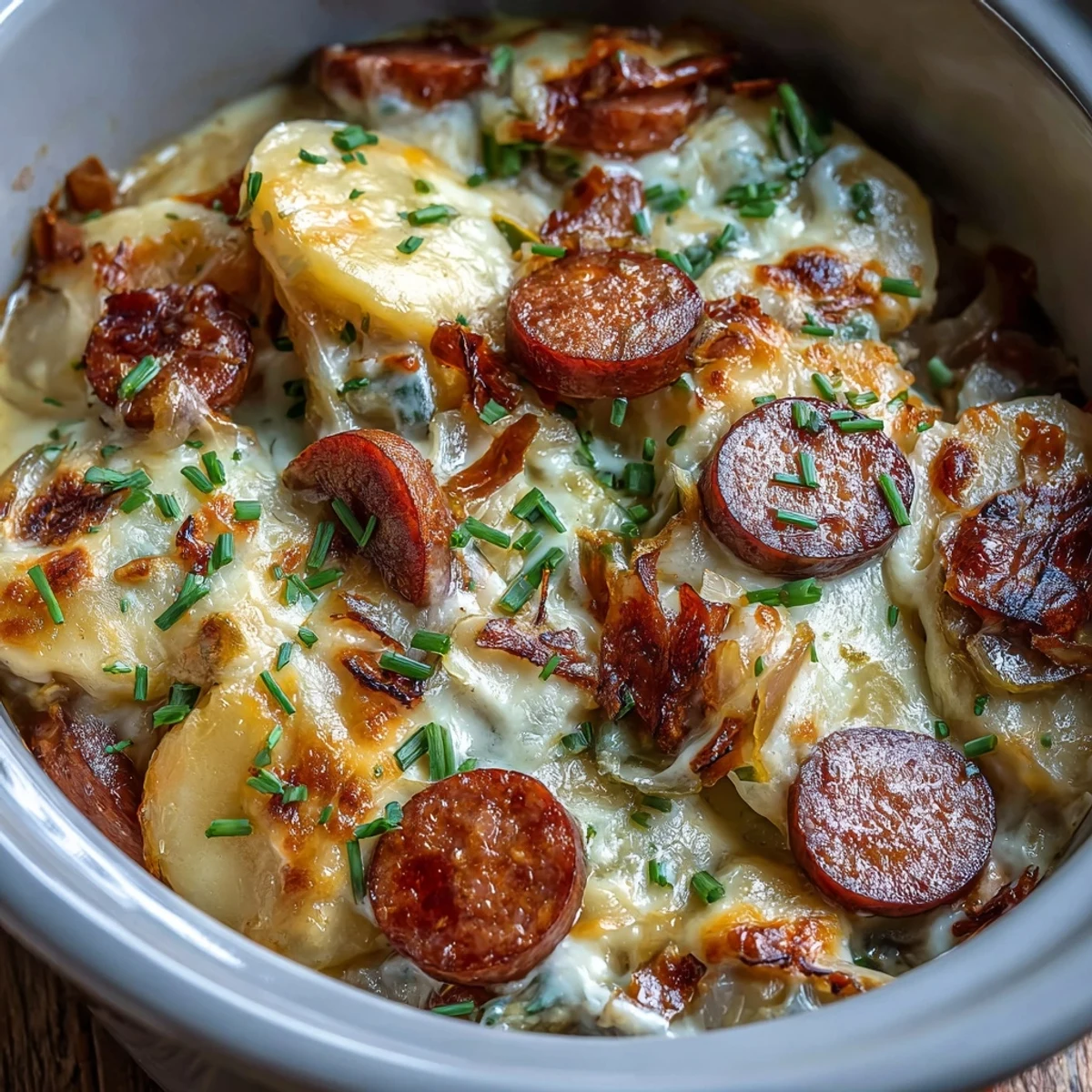 Golden brown, bubbly cheese tops this Crockpot Pierogi Casserole With Kielbasa, ready to be scooped from the slow cooker.