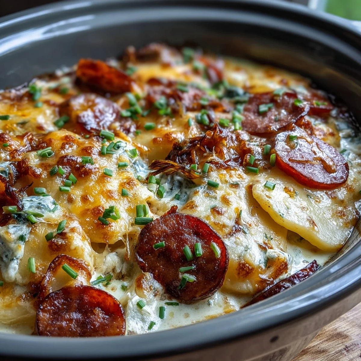 Served in a rustic bowl with fresh chives, this comforting Crockpot Pierogi Casserole With Kielbasa looks incredibly delicious.