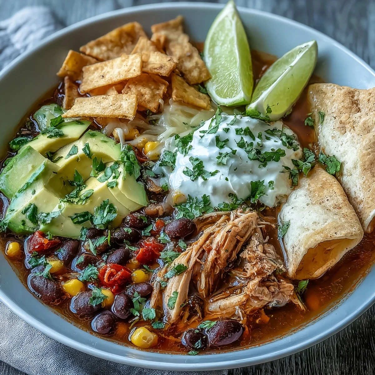Top view of steaming Instant Pot Chicken Tortilla Soup in a rustic bowl, garnished with sliced avocado, fresh cilantro, and lime wedges.