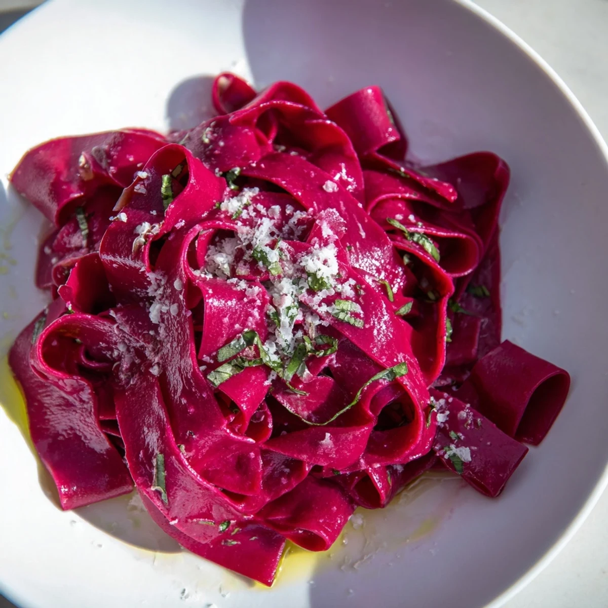 Close-up of homemade beet noodle pasta on a floured board, highlighting its natural color and fresh texture.