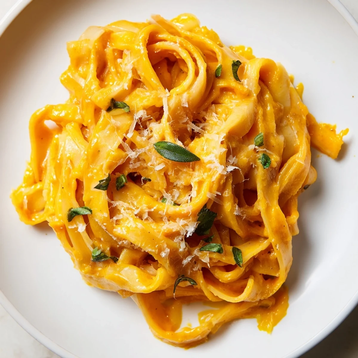 A close-up of creamy butternut squash pasta twirled on a fork, glistening with velvety roasted sauce and fresh parsley garnish.
