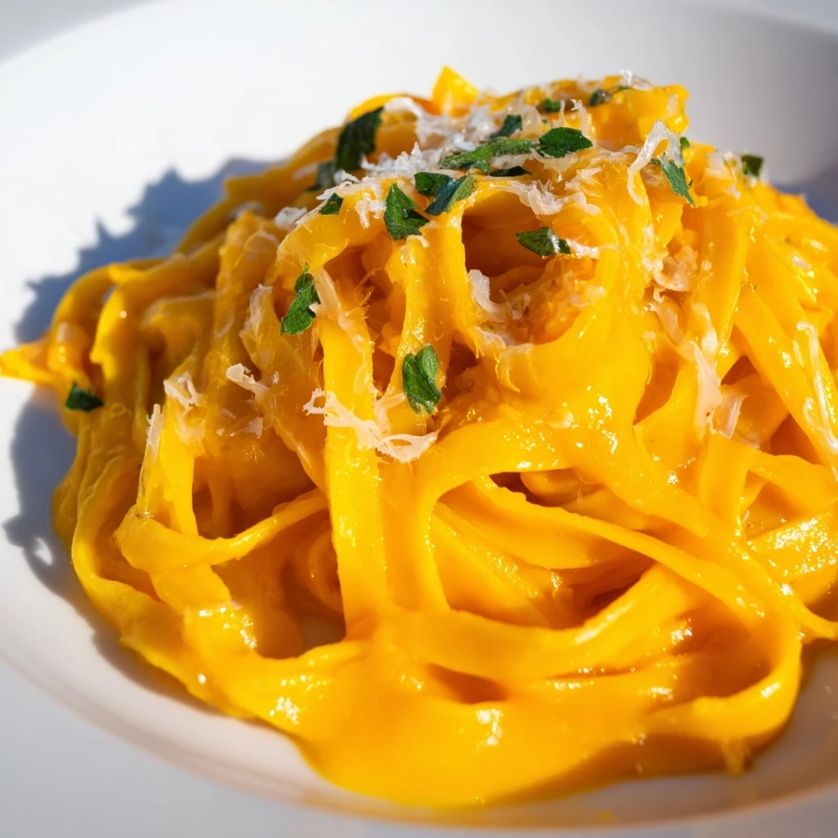 A comforting bowl of butternut squash pasta with creamy roasted sauce, ready to serve alongside a crisp green salad.