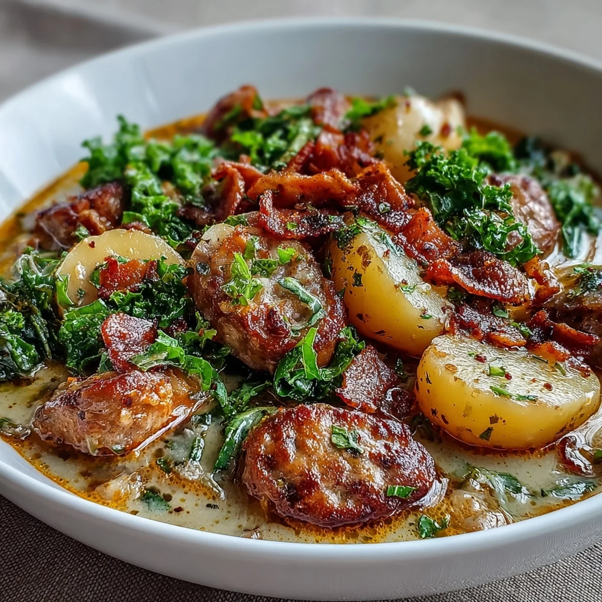 Creamy Italian Sausage Soup with kale and crispy bacon garnish in rustic bowls.