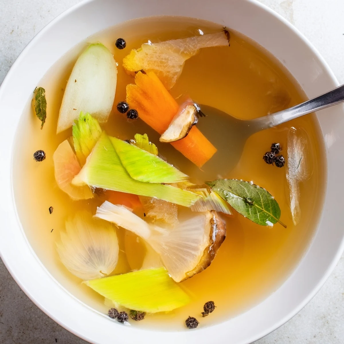 Steam rises from a clear glass jar of strained Vegetable Broth From Scraps beside fresh herbs and vegetable trimmings.  
