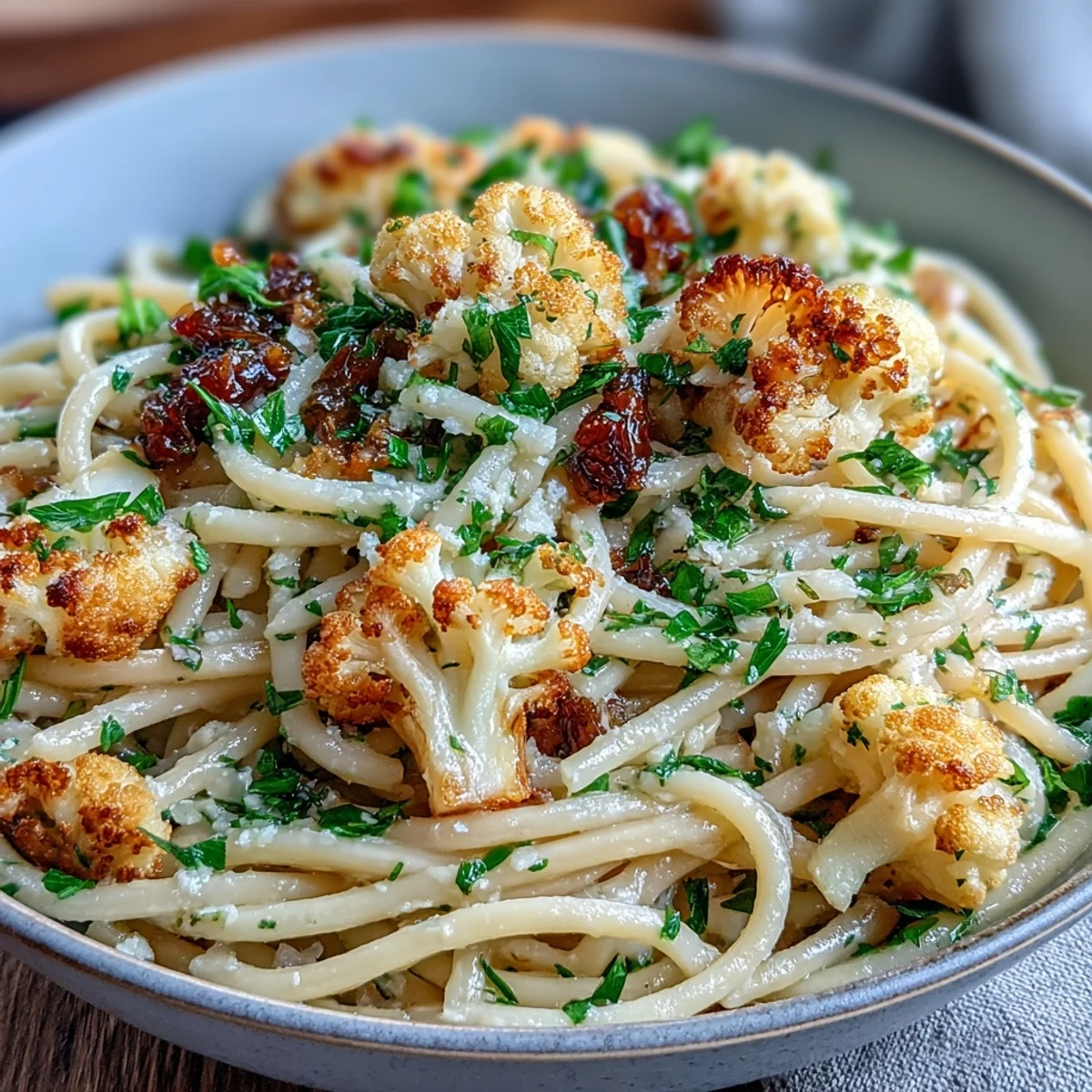 Golden roasted cauliflower florets tossed with anchovies and raisins in whole wheat spaghetti, finished with fresh parsley.