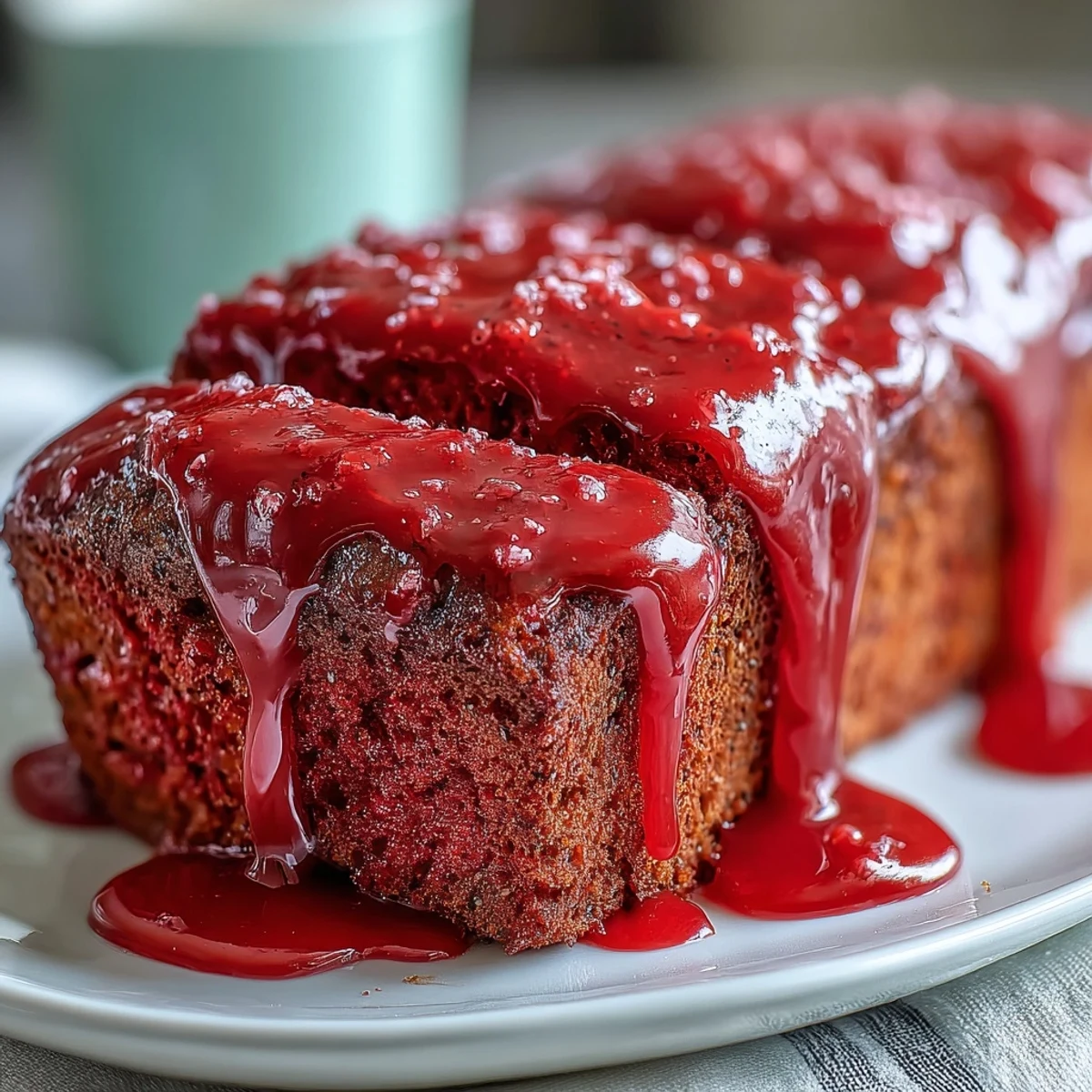 Close up of Blood Orange Loaf Cake with Poppy Seeds and Marzipan showing poppy specks and marzipan swirls under glossy glaze.