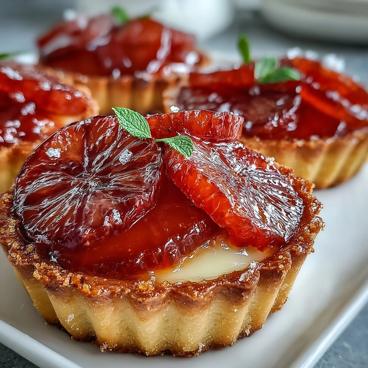 Vibrant Blood Orange Tarts feature crisp pastry and tangy citrus topped with honey glaze.