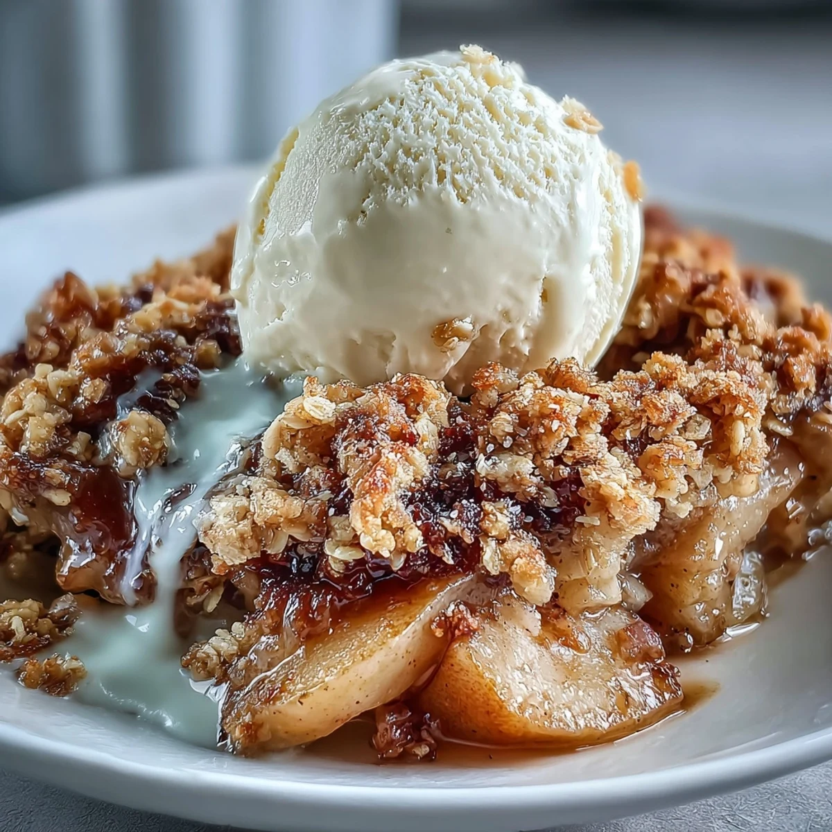 Warm Pear Crumble bubbling from the oven with a golden, crunchy oat topping.  