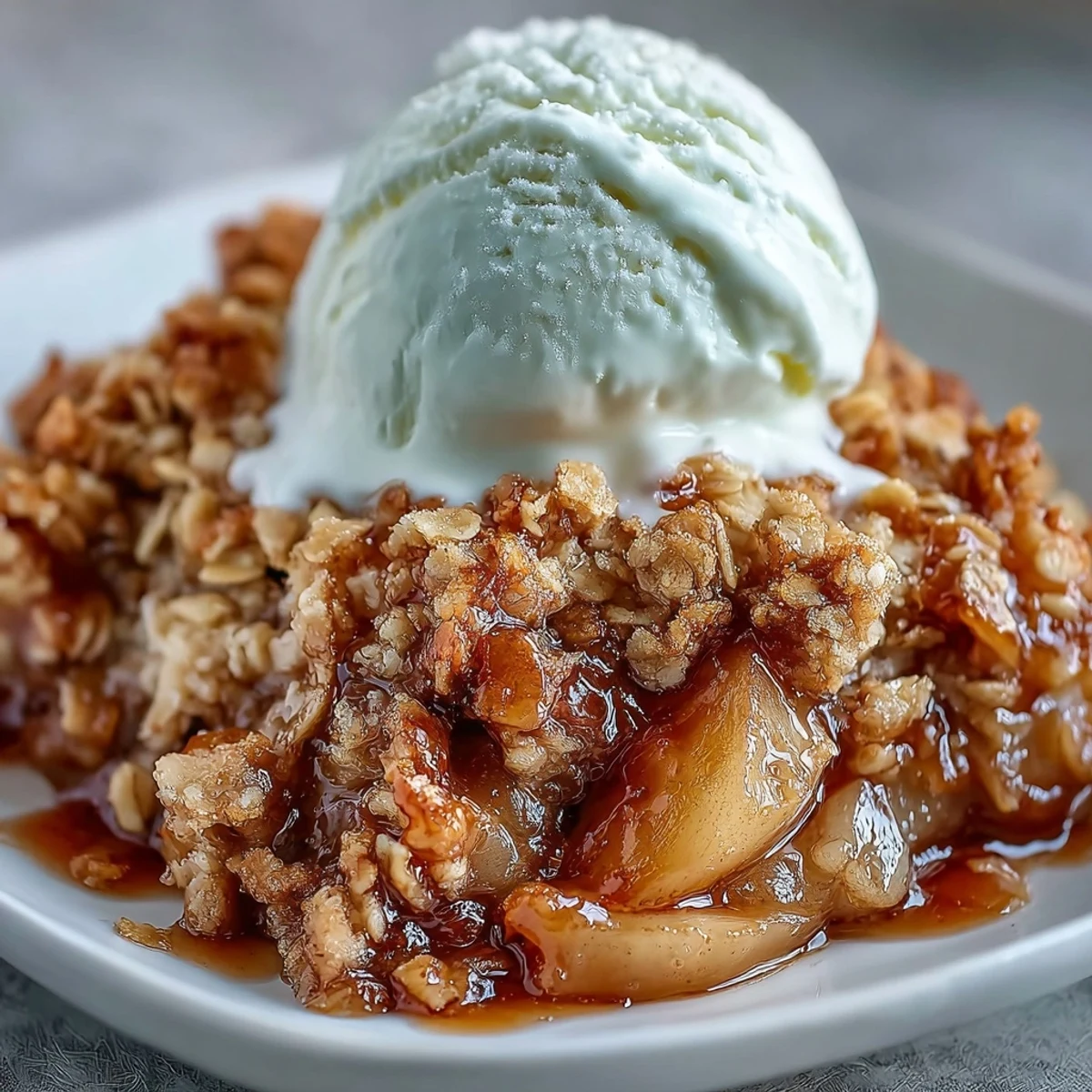 A close-up of Pear Crumble served in a dish with a scoop of vanilla ice cream melting.  