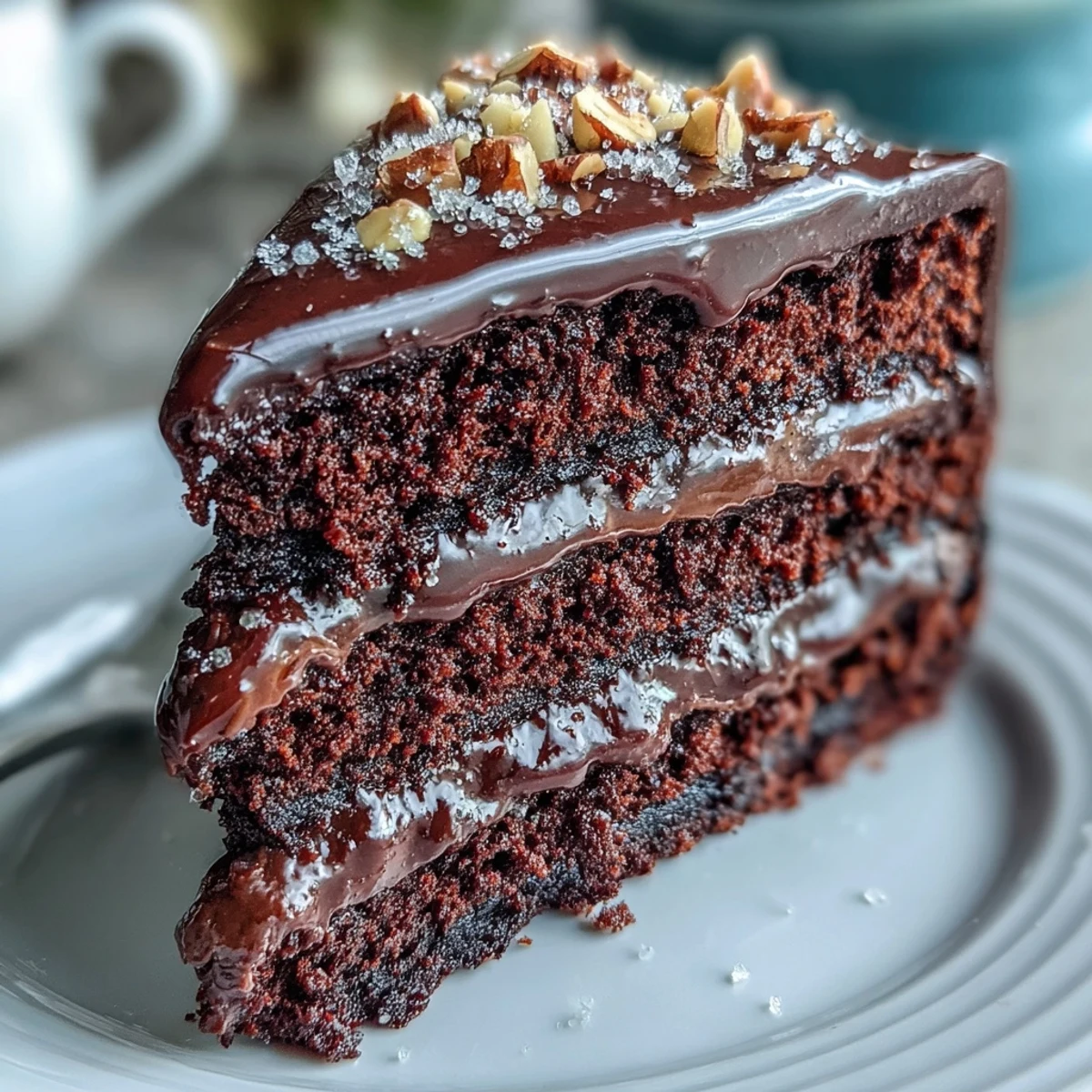 Decadent Chocolate Celebration Cake slices showcase layered chocolate ganache and hazelnut praline, perfect for birthdays and special gatherings.