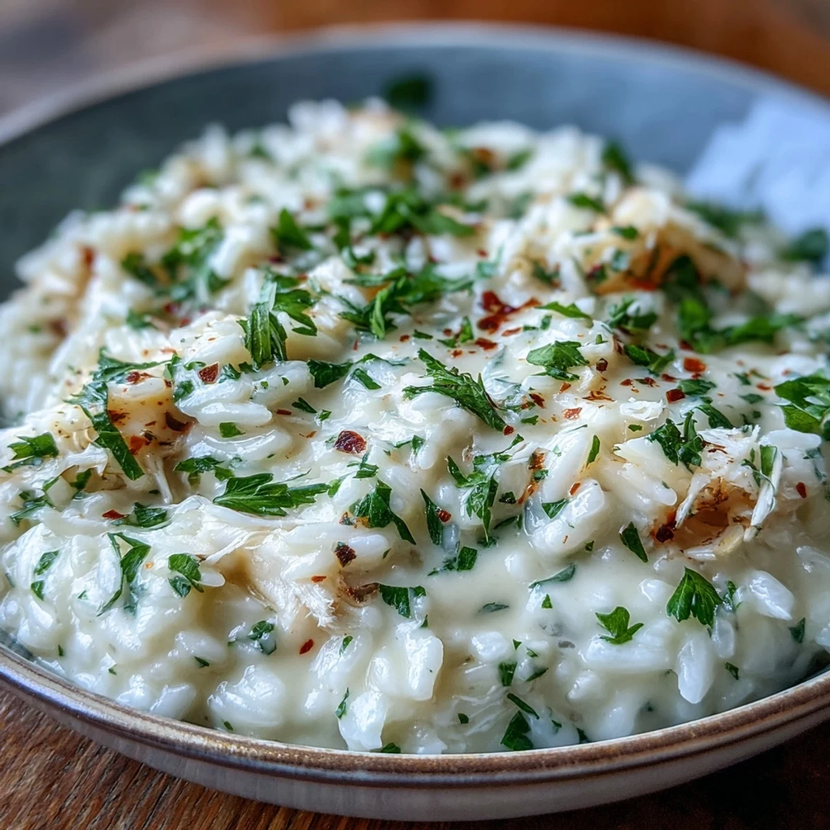 A close-up of creamy smoked haddock risotto in a skillet, topped with fresh parsley and a lemon wedge, ready to serve.  