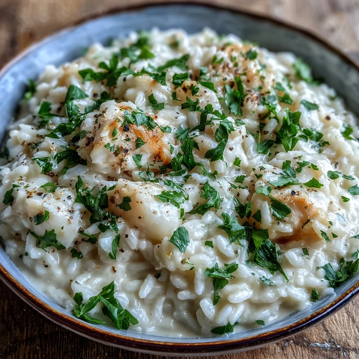 Flaky smoked haddock risotto with vibrant leeks and Parmesan, garnished beautifully on a rustic wooden table.  