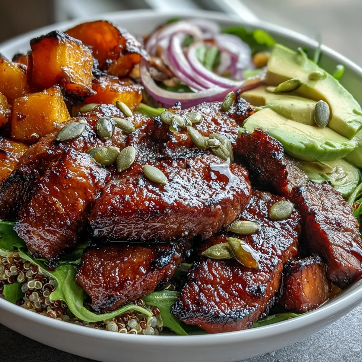 Fork-tender butternut squash steak bowls are topped with vibrant greens, red onion, and crunchy toasted pepitas.